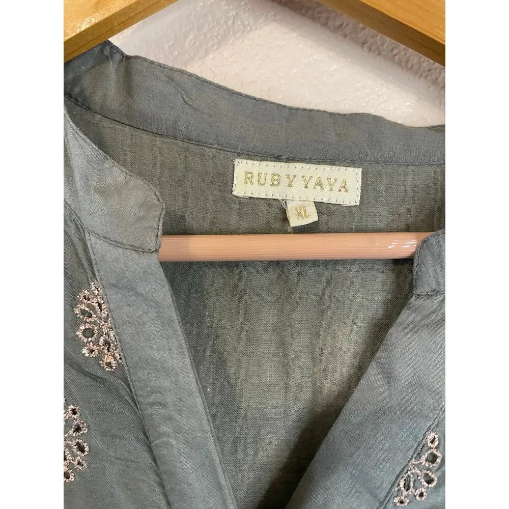 Ruby Yaya Boho Festival Style Green W/ Metallic Eyelet Long Sleeve Tunic XL - Picture 12 of 16